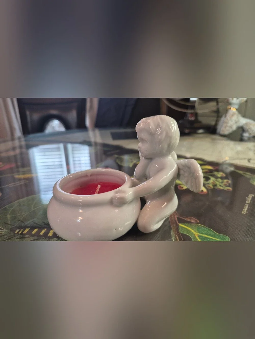 White Ceramic Cherub Candle Holder with Red Candle